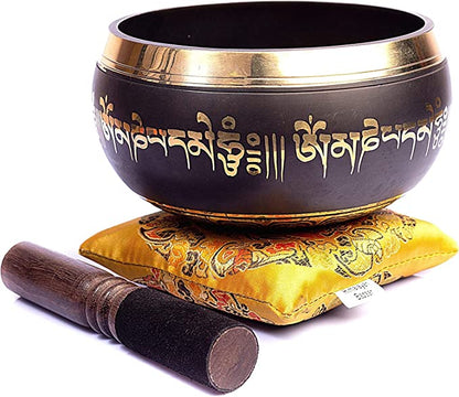 Tibetan Singing Bowl Set - 4" Easy To Play Authentic Handmade For Meditation Sound 7 Chakra Healing By Himalayan Bazaar (Brown & Red)