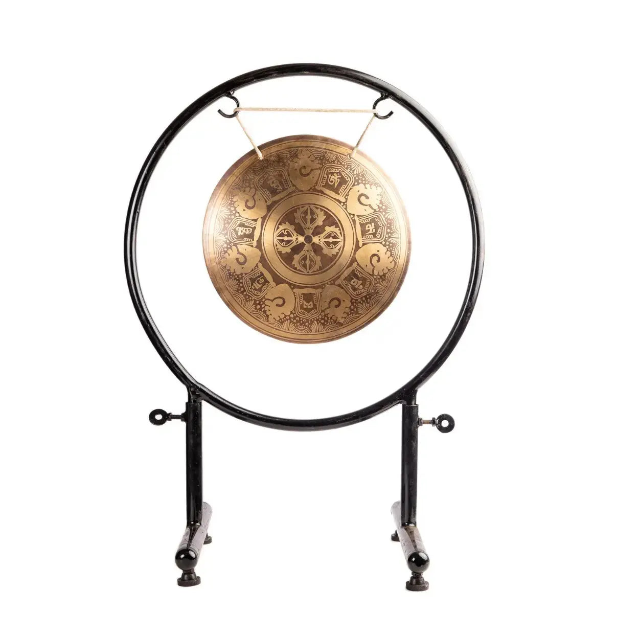 Full front view of the Cosmic Mandala Gong with a black metal stand.
