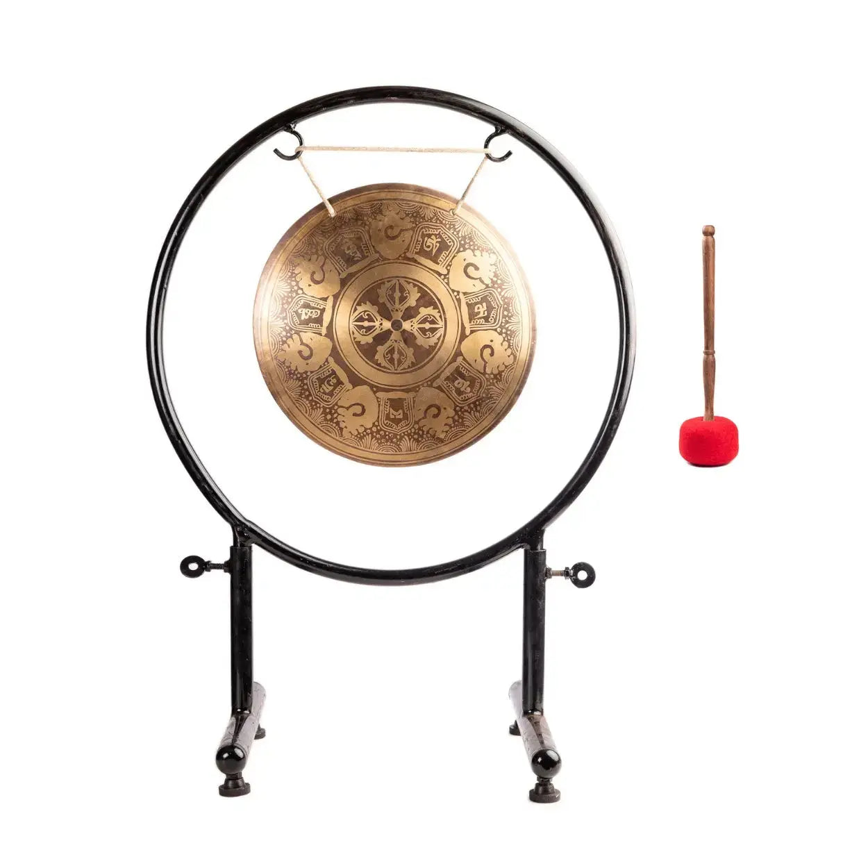 Cosmic Mandala Gong displayed with its red-tipped wooden mallet.