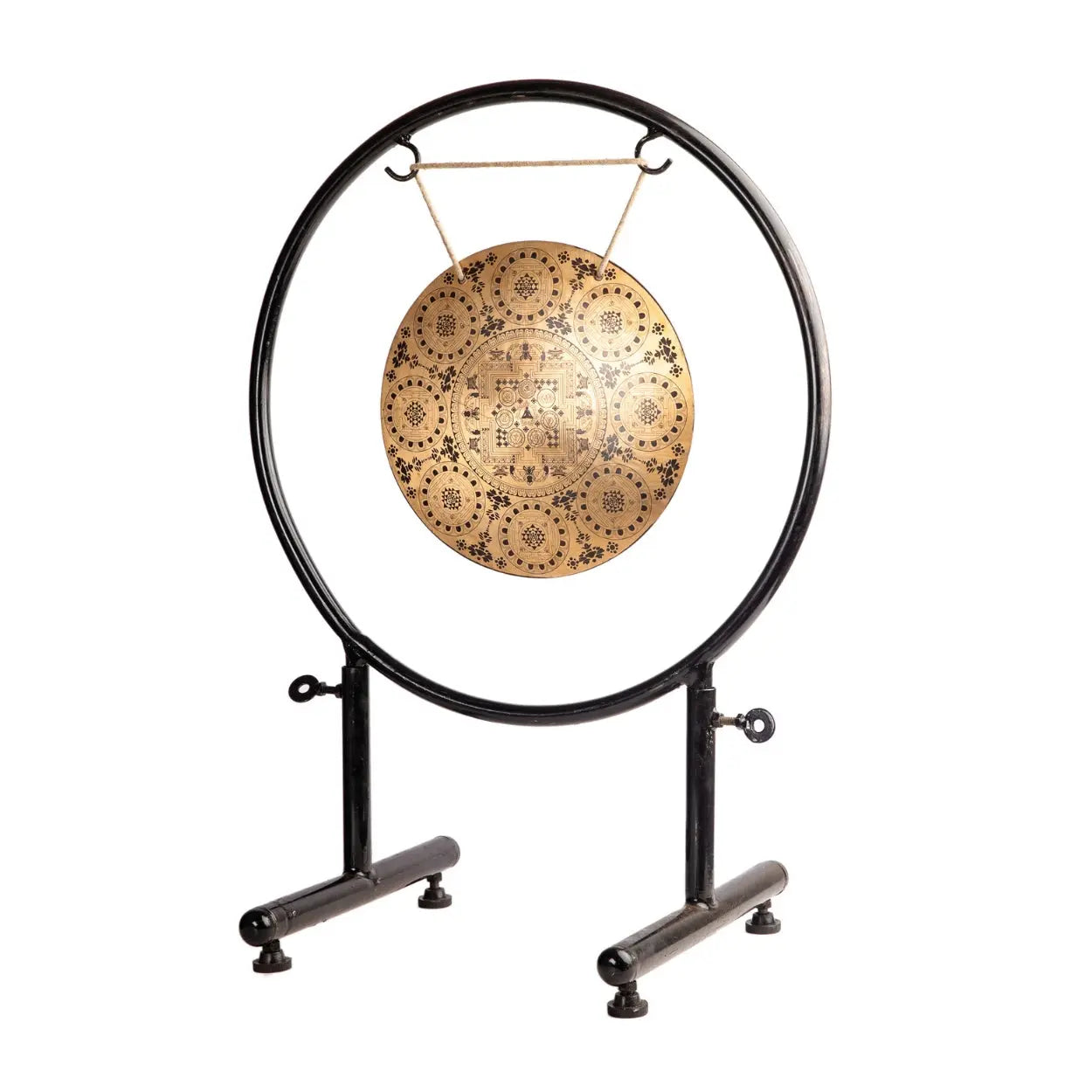 Side view of the Divine Energy Mandala Gong on a black metal stand, highlighting its design and proportions.