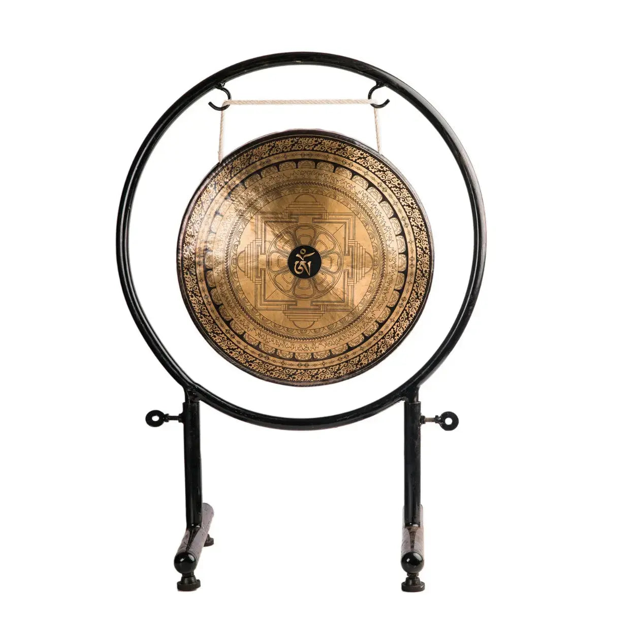 Front view of the Spiritual Om Mandala Gong on a black stand