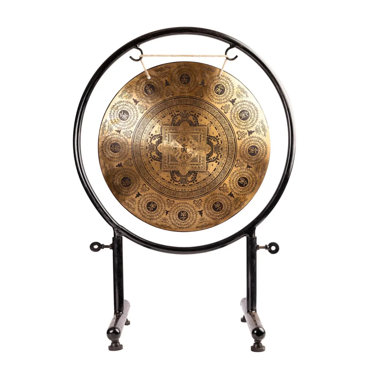 A front view of the Mandala Harmony Gong, featuring intricate mandala patterns on a sturdy black metal stand.