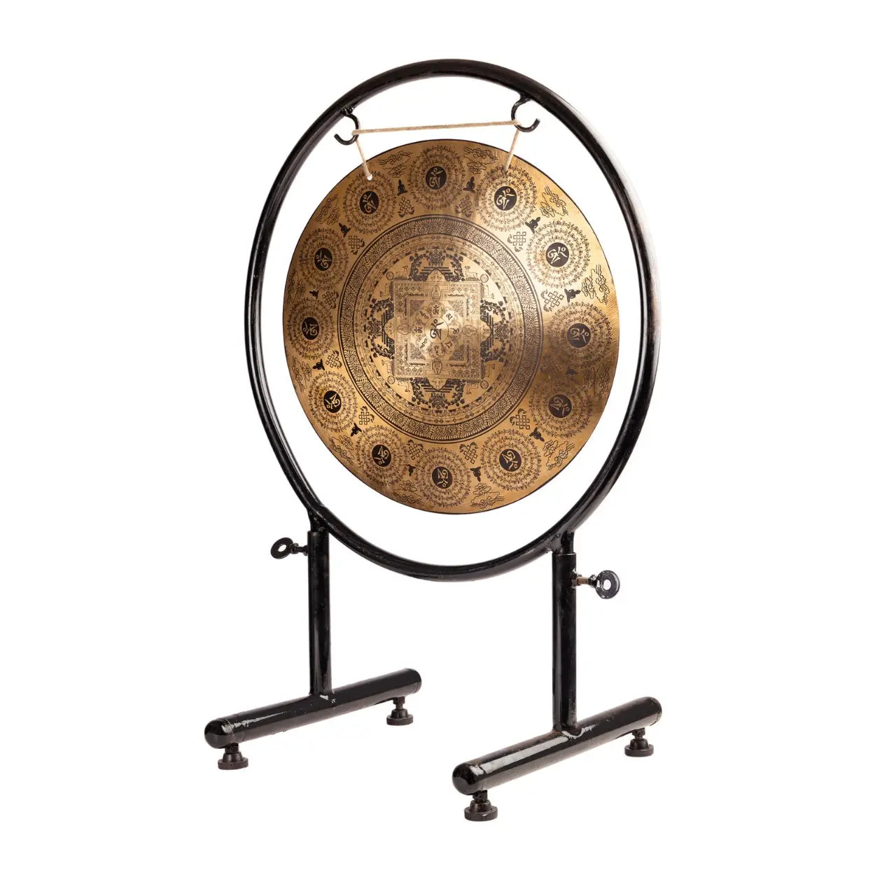 A side view of the Mandala Harmony Gong, featuring intricate mandala patterns on a sturdy black metal stand.