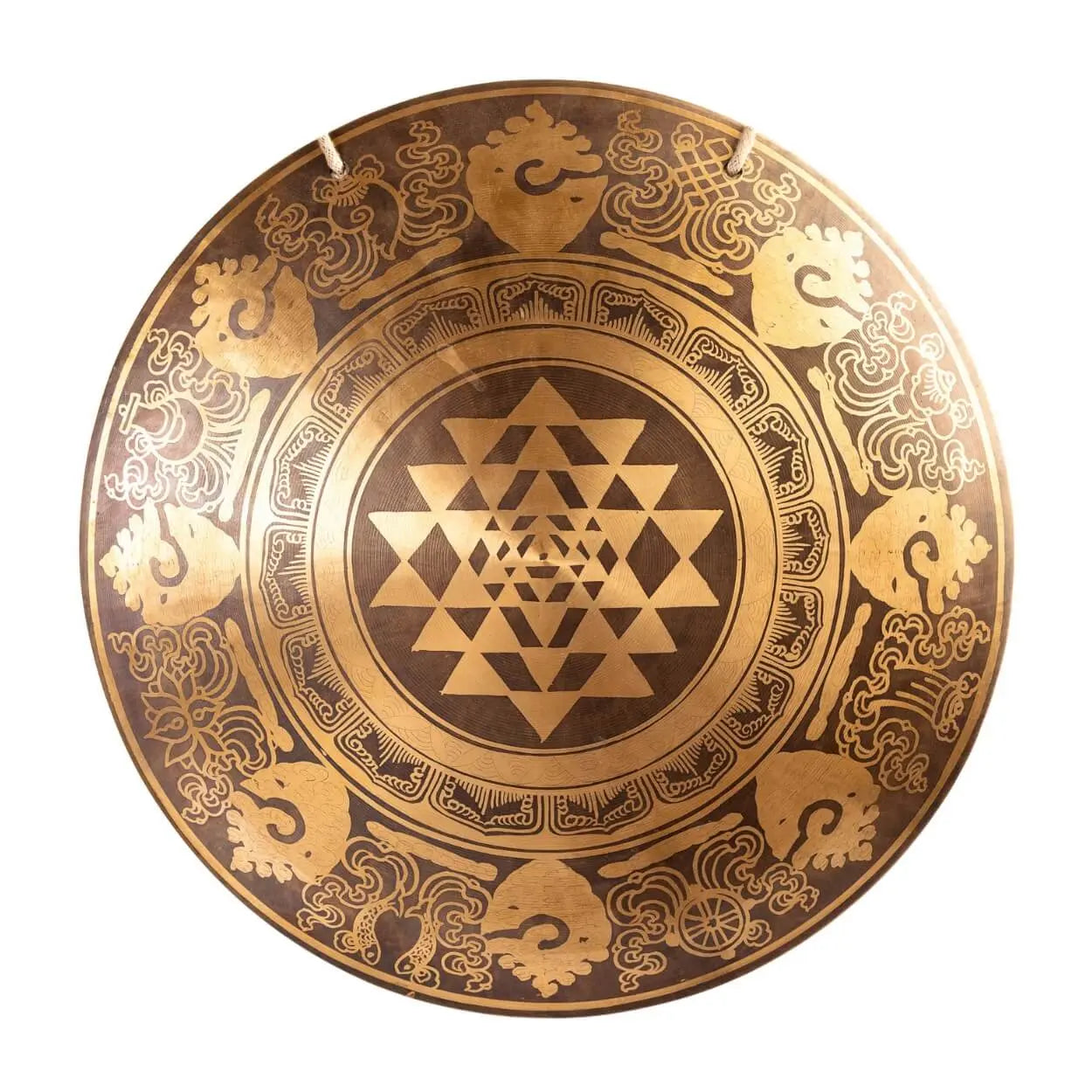 Close-up of the Sri Yantra Chakra Gong's detailed etchings.