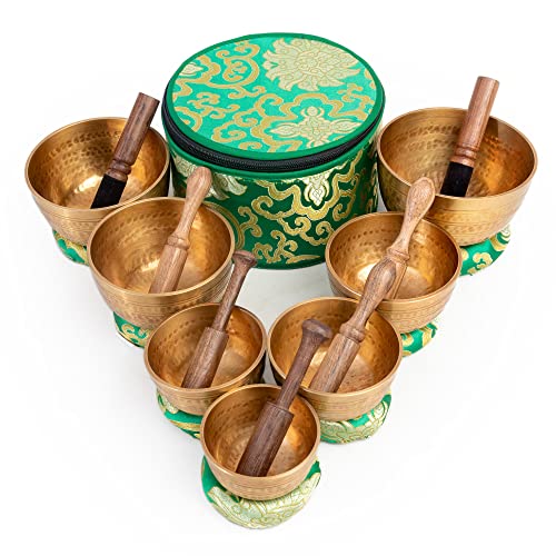 Tibetan Singing Bowls Set Of 7 Chakra - Pure Brass - Useful for Meditation Mindfulness with Carry Box by Himalayan Bazaar
