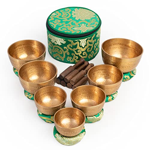 Tibetan Singing Bowls Set Of 7 Chakra - Pure Brass - Useful for Meditation Mindfulness with Carry Box by Himalayan Bazaar