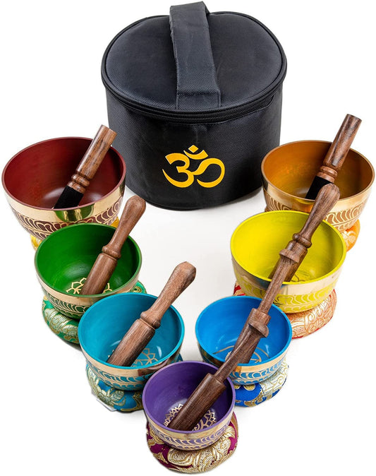Tibetan Singing Bowls Set Of 7 Color for Meditation Mindfulness with Carry Box by Himalayan Bazaar
