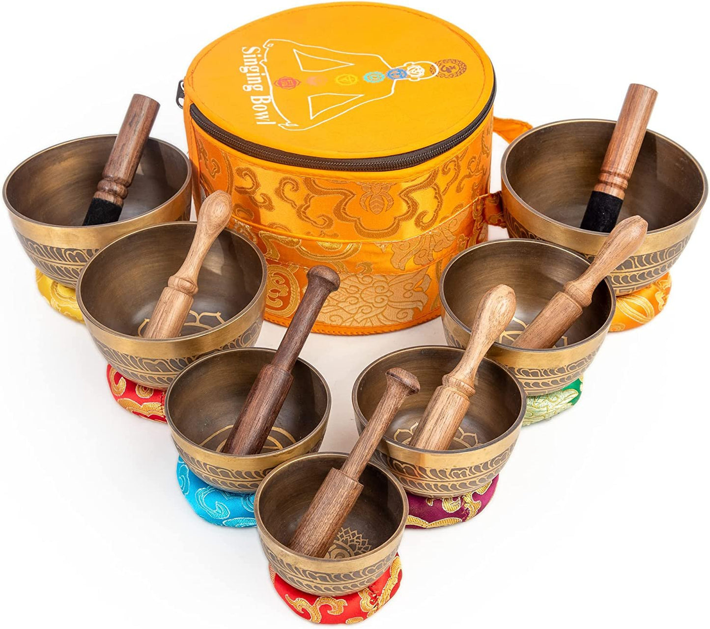 Himalayan Bazaar Tibetan Singing Bowls Set Of 7 Bronze for Meditation Mindfulness with Carry Box