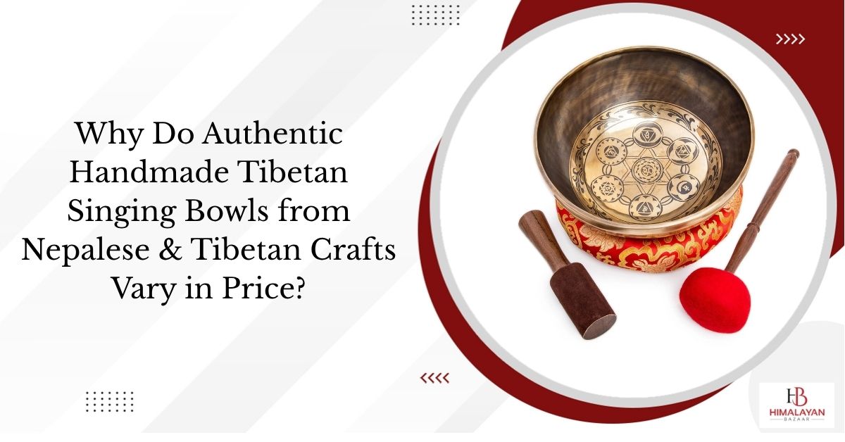 Banner showing a Tibetan singing bowl with mallets and text about why handmade bowls vary in price.