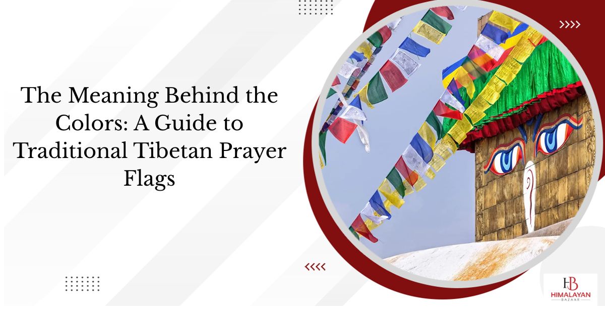 Traditional Tibetan prayer flags displayed near a Buddhist stupa with colorful Himalayan spiritual symbolism