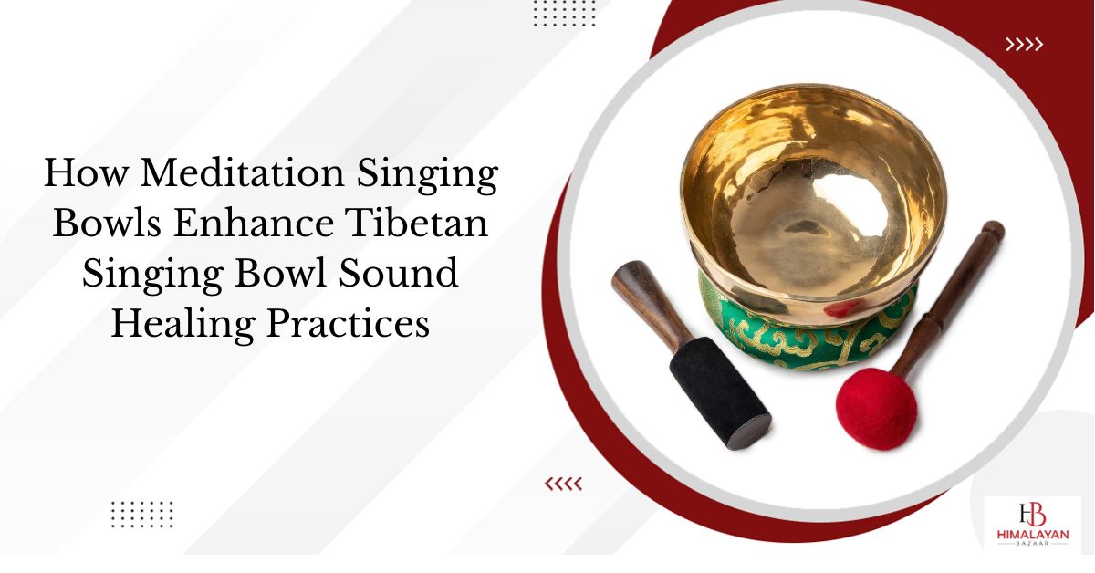 Golden Tibetan singing bowl on a green cushion with two mallets.