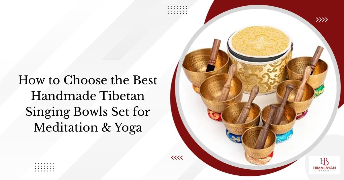 Handmade Tibetan singing bowls set with wooden mallets and decorative cushions used for meditation, yoga, and sound healing