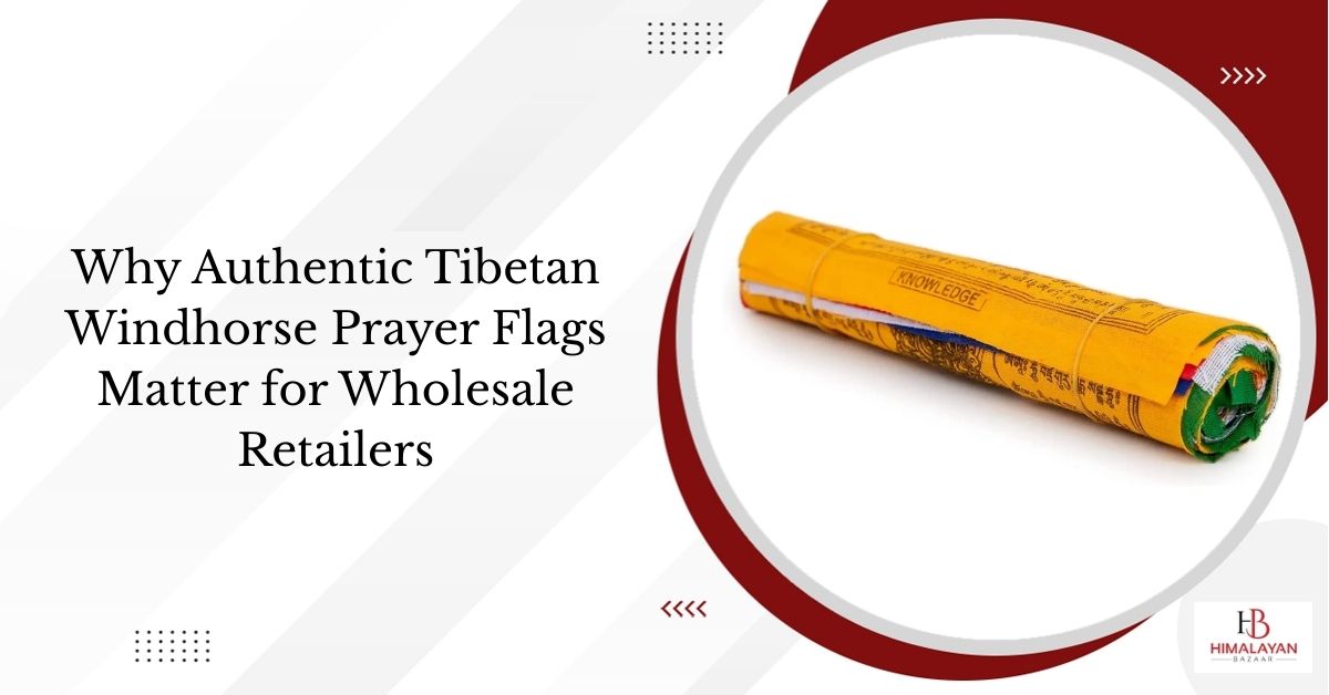 Handmade Tibetan Windhorse prayer flags with traditional Buddhist symbols, ideal for wholesale spiritual product retailers.