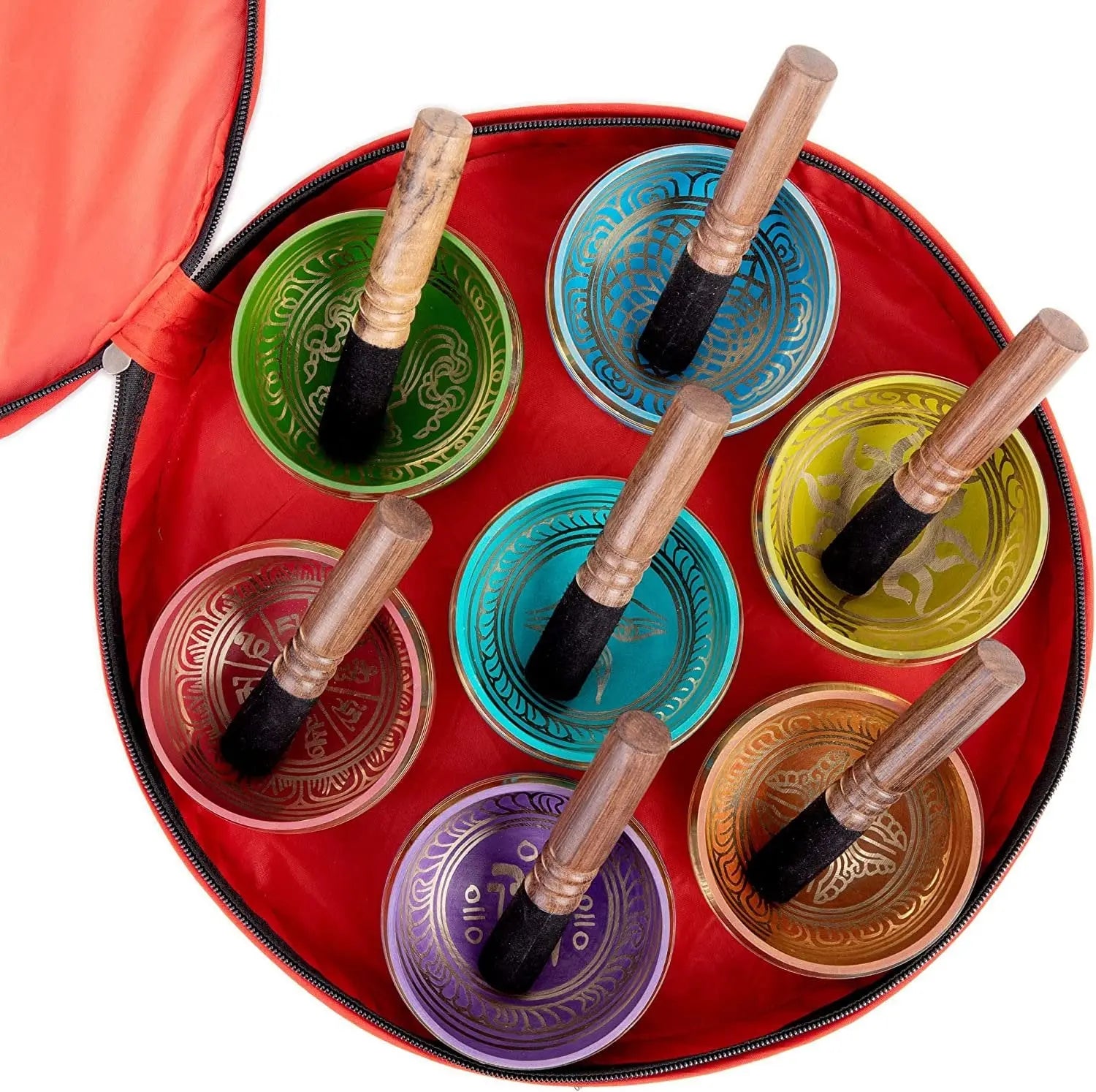 Tibetan Singing Bowls Set Of 7 Chakra Color for Meditation Mindfulness with Carry Box by Himalayan Bazaar - Himalayan Bazaar