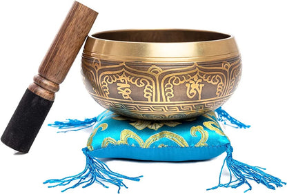 Tibetan Singing Bowl Set - Easy To Play - Om Design For Meditation Sound Chakra Yoga Healing 4 Inches By Himalayan Bazaar (Gold & Yellow)